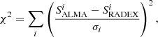 $$ \begin{aligned} \chi ^2 = \sum _i \left(\frac{S_{\rm ALMA}^i - S_{\rm RADEX}^i}{\sigma _i} \right)^2, \end{aligned} $$