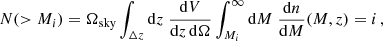 $$ \begin{aligned} N(>M_i) = \Omega _{\rm sky} \int _{\Delta z} \mathrm{d}z \;\frac{\mathrm{d}V}{\mathrm{d}z\, \mathrm{d}\Omega } \int _{M_i}^\infty \mathrm{d}M \;\frac{\mathrm{d}n}{\mathrm{d}M}(M,z) = i\,, \end{aligned} $$