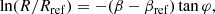 $$ \begin{aligned} \ln (R/R_{\mathrm{ref} }) = -(\beta -\beta _{\mathrm{ref} })\tan \varphi , \end{aligned} $$