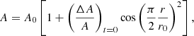 $$ \begin{aligned} A = A_0\left[1 + \left( \frac{\Delta A}{A} \right)_{t=0} \cos \left( \frac{\pi }{2} \frac{r}{r_0} \right)^2 \right], \end{aligned} $$