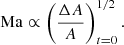 $$ \begin{aligned} \mathrm{Ma} \propto \left( \frac{\Delta A}{A} \right)_{t=0}^{1/2}. \end{aligned} $$