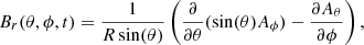 $$ \begin{aligned} B_r(\theta ,\phi ,t) = \frac{1}{R\sin (\theta )}\left(\frac{\partial }{\partial \theta }(\sin (\theta ) A_\phi )-\frac{\partial A_\theta }{\partial \phi }\right), \end{aligned} $$