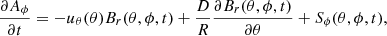 $$ \begin{aligned} \frac{\partial A_\phi }{\partial t}=-u_\theta (\theta ) B_r(\theta ,\phi ,t)+\frac{D}{R}\frac{\partial B_r(\theta ,\phi ,t)}{\partial \theta }+S_\phi (\theta ,\phi ,t), \end{aligned} $$