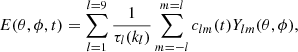 $$ \begin{aligned} E(\theta ,\phi ,t) = \sum _{l=1}^{l=9}\frac{1}{\tau _l(k_l)}\sum _{m=-l}^{m=l}c_{lm}(t)Y_{lm}(\theta ,\phi ), \end{aligned} $$