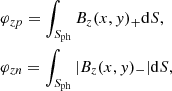$$ \begin{aligned}&\varphi _{zp} = \int _{S_{\rm ph}} B_{z}(x,{ y})_+\mathrm{d}S, \nonumber \\&\varphi _{zn} = \int _{S_{\rm ph}} |B_{z}(x,{ y})_-|\mathrm{d}S, \end{aligned} $$