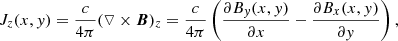 $$ \begin{aligned} J_z(x,{ y}) = \frac{c}{4\pi }(\triangledown \times \boldsymbol B )_z=\frac{c}{4\pi }\left(\frac{\partial B_{ y}(x,{ y})}{\partial x}-\frac{\partial B_x(x,{ y})}{\partial { y}}\right), \end{aligned} $$
