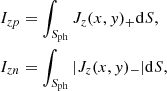 $$ \begin{aligned}&I_{zp}=\int _{S_{\rm ph}} J_{z}(x,{ y})_+ \mathrm{d}S, \nonumber \\&I_{zn}=\int _{S_{\rm ph}} |J_{z}(x,{ y})_-|\mathrm{d}S, \end{aligned} $$