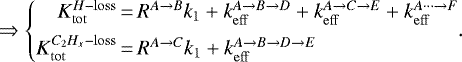 \begin{equation*}\Rightarrow \left\{ \begin{array}{@{}r@{\,}c@{\,}l@{}} K_{\mathrm{tot}}^{H-\mathrm{loss}} &=& R^{A\rightarrow B} k_1 &#x002B; k_{\mathrm{eff}}^{A\rightarrow B\rightarrow D} &#x002B; k_{\mathrm{eff}}^{A\rightarrow C\rightarrow E} &#x002B; k_{\mathrm{eff}}^{A \cdots \rightarrow F} \\[5pt] K_{\mathrm{tot}}^{C_{2} H_{x}-\mathrm{loss}} &=& R^{A\rightarrow C} k_1 &#x002B; k_{\mathrm{eff}}^{A\rightarrow B\rightarrow D\rightarrow E} \end{array} \right.\!\!. \end{equation*}
