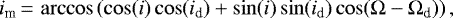 \begin{equation*} i_{\textrm{m}}\,{=}\,\arccos\left(\cos(i)\cos(i_{\textrm{d}})&#x002B;\sin(i)\sin(i_{\textrm{d}})\cos(\Omega-\Omega_{\textrm{d}})\right), \end{equation*}