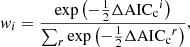 $$ \begin{aligned} w_i = \frac{\exp {\left( - \frac{1}{2} \Delta {\mathrm{AIC_c} }^i \right)}}{ \sum _r \exp {\left( - \frac{1}{2} \Delta {\mathrm{AIC_c} }^r \right)} }, \end{aligned} $$
