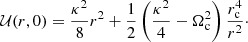$$ \begin{aligned} \mathcal{U} (r,0) = \frac{\kappa ^2}{8} r^2+ \frac{1}{2} \left( \frac{\kappa ^2}{4}- \Omega _{\rm c}^2\right) \frac{r_{\rm c}^4}{r^2}\cdot \end{aligned} $$