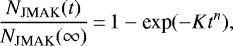 \begin{equation*}\frac{N_{\textrm{JMAK}}(t)}{N_{\textrm{JMAK}}(\infty)}\,{=}\,1 - \textrm{exp} (-Kt^n),\end{equation*}