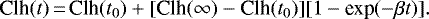 \begin{equation*}\textrm{Clh}(t)\,{=}\,\textrm{Clh}(t_0) &#x002B; [\textrm{Clh}(\infty) - \textrm{Clh} (t_0)] [1-\textrm{exp}(-\beta t)].\end{equation*}