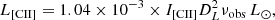 $$ \begin{aligned} L_{\rm [CII]}=1.04\times 10^{-3}\times I_{\rm [CII]}D_L^2 \nu _{\rm obs}\, L_\odot , \end{aligned} $$