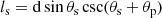 $$ \begin{aligned} l_{\rm s} = \mathrm{d}\sin \theta _{\rm s}\csc (\theta _{\rm s}+\theta _{\rm p}) \end{aligned} $$