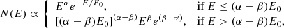 $$ \begin{aligned} N(E)\propto {\left\{ \begin{array}{ll} E^{\alpha }e^{-E/E_0},&\mathrm{if} \, E\le (\alpha -\beta )E_0 \\ {[(\alpha -\beta )E_0]}^{(\alpha -\beta )}E^{\beta }e^{(\beta -\alpha )},&\mathrm{if} \, E> (\alpha -\beta )E_0, \end{array}\right.} \end{aligned} $$
