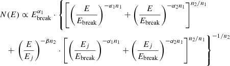 $$ \begin{aligned}&N(E) \propto E^{\alpha _1}_{\mathrm{break} }\cdot \left\{ \left[ \left( \frac{E}{E_{\mathrm{break} }} \right)^{-\alpha _1 n_1} + \left(\frac{E}{E_{\mathrm{break} }}\right)^{-\alpha _2 n_1}\right]^{n_2/n_1} \right. \nonumber \\&\ \ \ + \left. \left( {\frac{E}{E_j}} \right)^{-\beta n_2} \cdot \left[ \left( \frac{E_j}{E_{\mathrm{break} }} \right)^{-\alpha _1 n_1} + \left( \frac{E_j}{E_{\mathrm{break} }} \right)^{-\alpha _2 n_1} \right]^{n_2/n_1} \right\} ^{-1/n_2} \end{aligned} $$