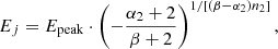 $$ \begin{aligned} E_j = E_{\mathrm{peak} }\cdot \left(- \frac{\alpha _2 +2}{\beta +2}\right)^{1/[(\beta -\alpha _2)n_2]}, \end{aligned} $$