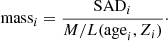 $$ \begin{aligned} \mathrm{mass} _i = \frac{\mathrm{SAD} _i}{M/L(\mathrm{age} _i , Z_i)}\cdot \end{aligned} $$