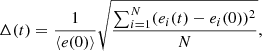 $$ \begin{aligned} \Delta (t) = \frac{1}{\langle e(0) \rangle } \sqrt{ \frac{\sum _{i=1}^N (e_i(t) - e_i(0))^2}{N} }, \end{aligned} $$