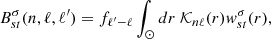 $$ \begin{aligned} B^{\sigma }_{st}(n,\ell ,\ell ^{\prime })=f_{\ell ^{\prime }-\ell }\int _\odot dr\ \mathcal{K} _{n\ell }(r)w^{\sigma }_{st}(r), \end{aligned} $$