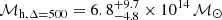$ \mathcal{M}_{\mathrm{h, \Delta = 500}} = 6.8^{+9.7}_{-4.8}\times10^{14}\,\mathcal{M}_\odot $