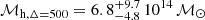 $ \mathcal{M}_{\mathrm{h, \Delta = 500}} = 6.8^{+9.7}_{-4.8}\,10^{14}\,\mathcal{M}_\odot $