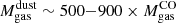 $ M_{\mathrm{gas}}^{\mathrm{dust}}\sim500{-}900\times M_{\mathrm{gas}}^{\mathrm{CO}} $