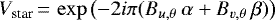 \begin{equation*}V_{\textrm{star}}\,{=}\,\exp{\left(-2 i\pi (B_{u, \theta}~ \alpha &#x002B;B_{v, \theta} ~\beta) \right)}\end{equation*}