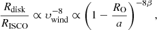 $$ \begin{aligned} \frac{R_{\rm disk}}{R_{\rm ISCO}} \propto \upsilon _{\rm wind}^{-8} \propto \left(1 - \frac{R_{\rm O}}{a}\right)^{-8\beta }, \end{aligned} $$