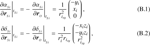 \begin{align*}\hskip18pt \left.\frac{\partial \alpha_{_{Si}}}{\partial \boldsymbol{r}_{_{Si}}}\right|&_{t_{_{Si}}} = - \left.\frac{\partial \alpha_{_{Si}}}{\partial \boldsymbol{r}_{_{O}}}\right|_{t_{_{Si}}} = \frac{1}{r_{i_{xy}}^2} \begin{pmatrix}-y_i \\ x_i \\ 0\end{pmatrix}, \\\left.\frac{\partial \delta_{_{Si}}}{\partial \boldsymbol{r}_{_{Si}}}\right|&_{t_{_{Si}}} = - \left.\frac{\partial \delta_{_{Si}}}{\partial \boldsymbol{r}_{_{O}}}\right|_{t_{_{Si}}} = \frac{1}{r_{i}^2 r_{i_{xy}}} \begin{pmatrix}-x_i z_i \\ - y_i z_i \\ r_{i_{xy}}^2 \end{pmatrix},\end{align*}