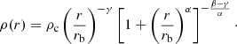 $$ \begin{aligned} \rho (r) = \rho _{\rm c} \left(\frac{r}{r_{\rm b}}\right)^{-\gamma } \left[1+\left(\frac{r}{r_{\rm b}}\right)^\alpha \right]^{-\frac{\beta -\gamma }{\alpha }}\cdot \end{aligned} $$