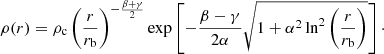 $$ \begin{aligned} \rho (r) = \rho _{\rm c} \left(\frac{r}{r_{\rm b}}\right)^{-\frac{\beta +\gamma }{2}} \exp \left[-\frac{\beta -\gamma }{2\alpha }\sqrt{1+\alpha ^2\ln ^2\left(\frac{r}{r_{\rm b}}\right)}\right]\cdot \end{aligned} $$