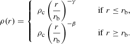 $$ \begin{aligned} \rho (r) = {\left\{ \begin{array}{ll} \rho _{\rm c} \left(\dfrac{r}{r_{\rm b}}\right)^{-\gamma }&\qquad {\mathrm{if} }\; r\le r_{\rm b}, \\ \rho _{\rm c} \left(\dfrac{r}{r_{\rm b}}\right)^{-\beta }&\qquad {\mathrm{if} }\; r\ge r_{\rm b}. \end{array}\right.} \end{aligned} $$