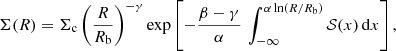 $$ \begin{aligned} \Sigma (R) = \Sigma _{\rm c}\left(\frac{R}{R_{\rm b}}\right)^{-\gamma } \exp \left[-\frac{\beta -\gamma }{\alpha }\,\int _{-\infty }^{\alpha \ln (R/R_{\rm b})} {\mathcal{S} }(x)\,\mathrm{d} x\right], \end{aligned} $$