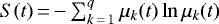 $S(t)\,{=}\,{-}\sum_{k\,{=}\,1}^{q}\mu_k(t)\ln \mu_k(t)$