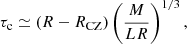 $$ \begin{aligned} \tau _{\rm c}\simeq (R-R_{\rm CZ}) \left(\frac{M}{L R}\right)^{1/3}, \end{aligned} $$