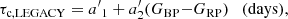 $$ \begin{aligned} \tau _{\rm c,LEGACY} = a{^\prime}_1 + a^{\prime}_2 (G_{\rm BP}{-}G_{\rm RP}) \quad \mathrm{(days)}, \end{aligned} $$