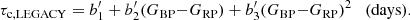 $$ \begin{aligned} \tau _{\rm c,LEGACY} = b^\prime _1 + b^\prime _2 (G_{\rm BP}{-}G_{\rm RP}) + b^\prime _3 (G_{\rm BP}{-}G_{\rm RP})^2 \quad \mathrm{(days)}. \end{aligned} $$