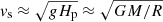 $ \mathit{v}_{\mathrm{s}}\approx \sqrt{g H_{\mathrm{p}}} \approx \sqrt{G M/R} $
