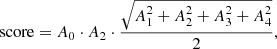 $$ \begin{aligned} \mathrm{score} = A_0 \cdot A_2 \cdot \frac{\sqrt{A_1^2 + A_2^2 + A_3^2 + A_4^2}}{2}, \end{aligned} $$