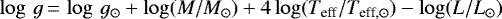\begin{equation*}\log\,g\,{=}\,\log\,g_{\odot}+\log(M/M_{\odot})+4 \log(T_{\textrm{eff}}/T_{\textrm{eff},\odot})-\log(L/L_{\odot}) \end{equation*}