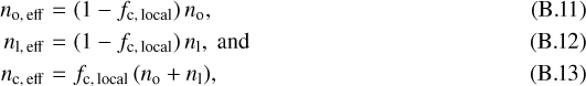 \begin{eqnarray*} n_{\mathrm{o,\,eff}} & = & (1 - f_{\mathrm{c,\,local}})\, n_{\mathrm{o}},\\ n_{\mathrm{l,\,eff}} & = & (1 - f_{\mathrm{c,\,local}})\, n_{\mathrm{l}},\ \mathrm{and}\\ n_{\mathrm{c,\,eff}} & = & f_{\mathrm{c,\,local}} \, (n_{\mathrm{o}} + n_{\mathrm{l}}), \end{eqnarray*}