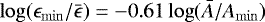 $\log(\epsilon_{\mathrm{min}}/\bar{\epsilon}) = -0.61 \log(\bar{A}/A_{\mathrm{min}}) $