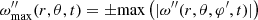 $$ \begin{aligned} \omega _{\rm max}^{\prime \prime }(r,\theta ,t) = \pm \mathrm{max}\left(| \omega^{\prime \prime }(r,\theta ,\varphi^\prime ,t)|\right) \end{aligned} $$
