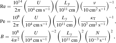 $$ \begin{aligned}&\mathrm{Re}=\frac{10^{14}}{2\pi }\left(\frac{U}{10^4\,\mathrm{cm\,s^{-1}}}\right)\left(\frac{L_{ y}}{10^{11}\,\mathrm{cm}} \right)\left(\frac{\nu }{10\,\mathrm{cm^{2}\,s^{-1}}} \right)^{-1},\\&\mathrm{Pe}=\frac{10^{8}}{2\pi }\left(\frac{U}{10^4\,\mathrm{cm\,s^{-1}}} \right)\left(\frac{L_{ y}}{10^{11}\,\mathrm{cm}} \right)\left(\frac{\kappa _{\rm T}}{10^7\,\mathrm{cm^{2}\,s^{-1}}} \right)^{-1},\\&B=\frac{10^{8}}{4\pi ^2} \left(\frac{U}{10^4\,\mathrm{cm\,s^{-1}}} \right)^{-2} \left(\frac{L_{ y}}{10^{11}\,\mathrm{cm}}\right)^2 \left(\frac{N}{10^{-3}\,\mathrm{s^{-1}}} \right)^2, \end{aligned} $$