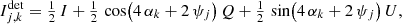$$ \begin{aligned} I^\mathrm{{det}}_{j,k} = {\textstyle \frac{1}{2}}\,I + {\textstyle \frac{1}{2}}\,\cos \bigl (4\,\alpha _{k} + 2\,\psi _{j}\bigr )\,Q + {\textstyle \frac{1}{2}}\,\sin \bigl (4\,\alpha _{k} + 2\,\psi _{j}\bigr )\,U, \end{aligned} $$