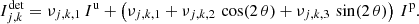 $$ \begin{aligned} I^\mathrm{{det}}_{j,k} = \nu _{j,k,1}\,I^\mathrm{{u}}+ \left({ \nu _{j,k,1} + \nu _{j,k,2}\,\cos (2\,\theta ) + \nu _{j,k,3}\,\sin (2\,\theta ) }\right)\,I^\mathrm{{p}}. \end{aligned} $$