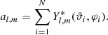 $$ \begin{aligned} a_{l,m} = \sum _{i=1}^NY^*_{l,m}(\vartheta _i,\varphi _i). \end{aligned} $$