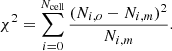 $$ \begin{aligned} \chi ^2=\sum _{i=0}^{N_{\rm cell}}\frac{(N_{i,o}-N_{i,m})^2}{N_{i,m}}. \end{aligned} $$